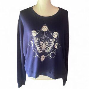 Pretty Rebellious Navy Blue Lunar Moth Graphic Print Sweatshirt XL boho lounge